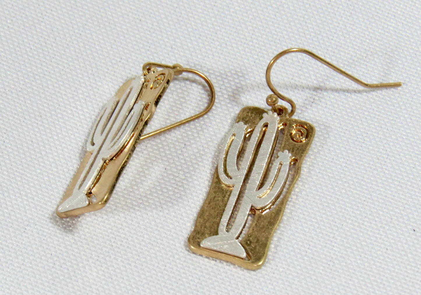 Brass Background Cutout Earrings-Silver Cactus