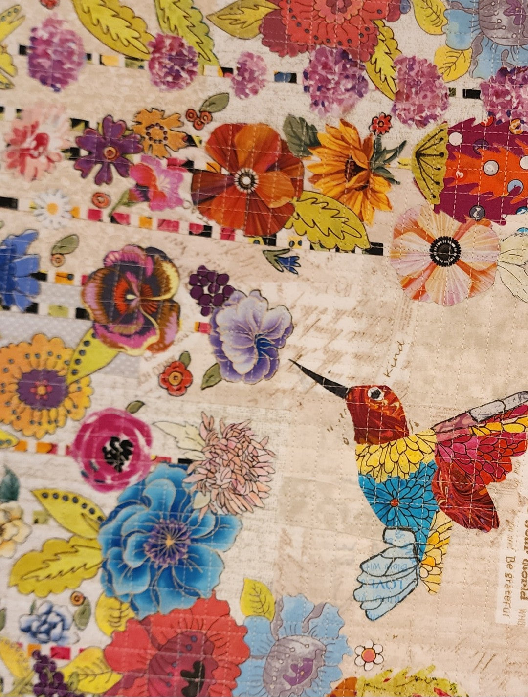 Quilted Collage-Hummingbird with Flowers