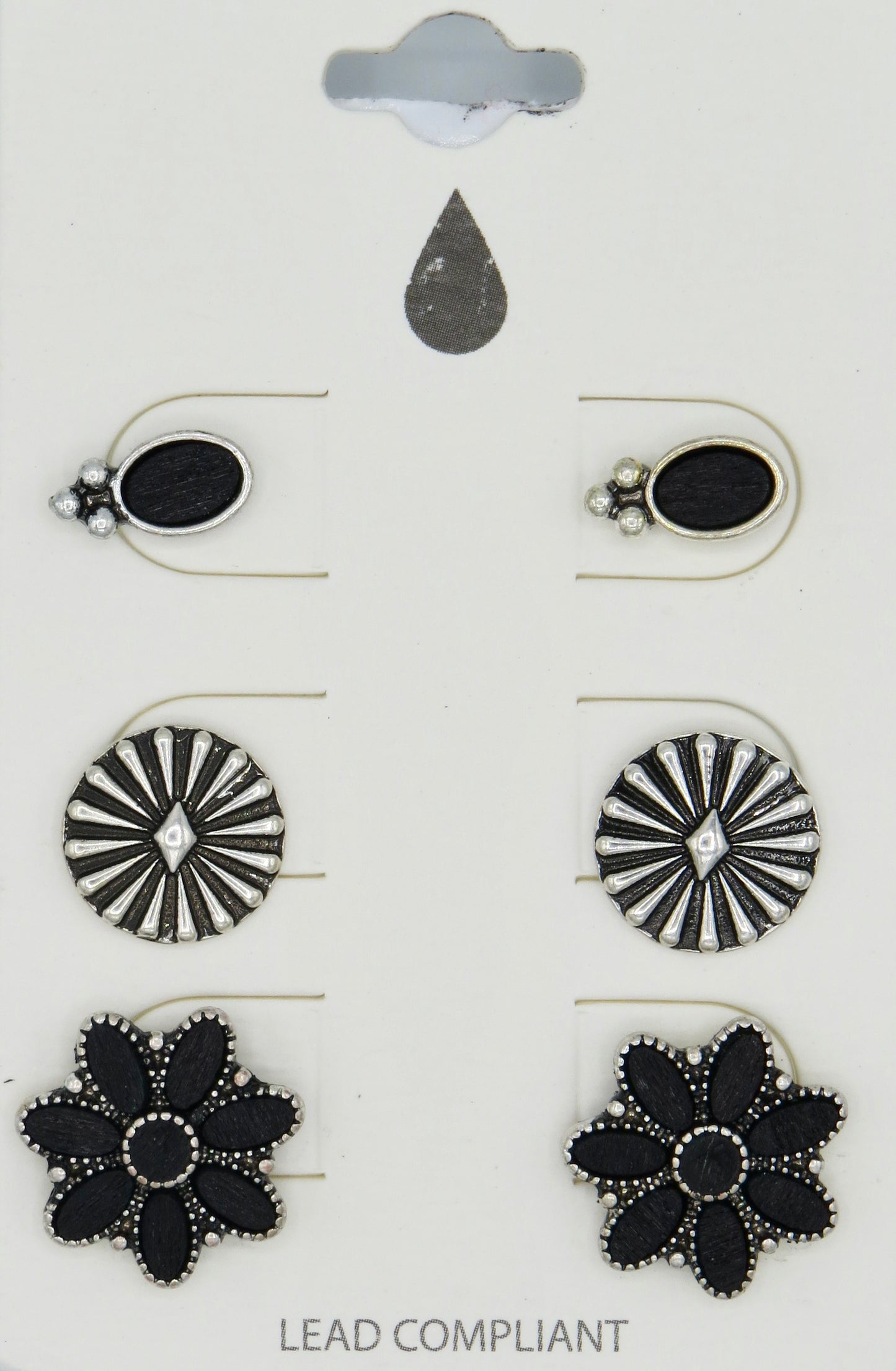 3 Pair Black and Silver Colored Earrings-Post