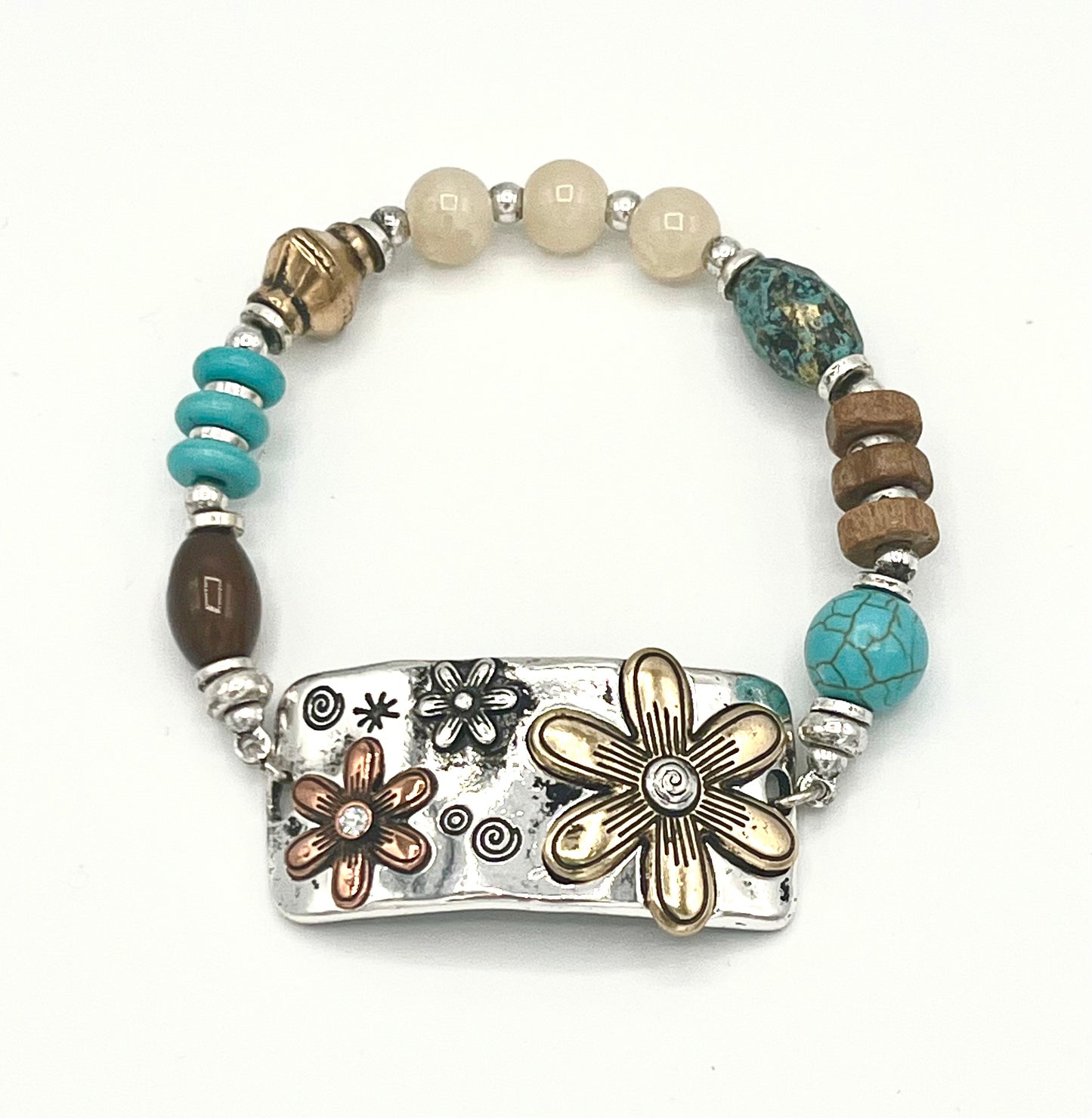 Silver Bar Daisy with Turquoise Beads Stretch Bracelet