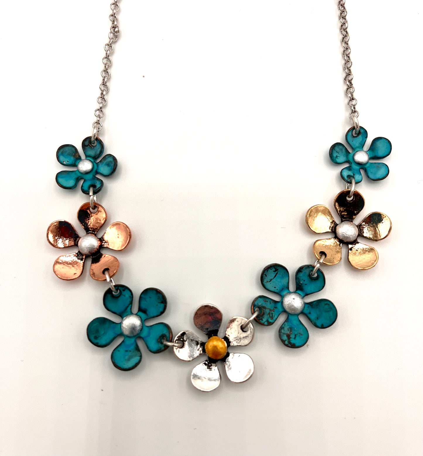Patina, Gold, Silver, Copper Daisy Petal Necklace and Earrings Set