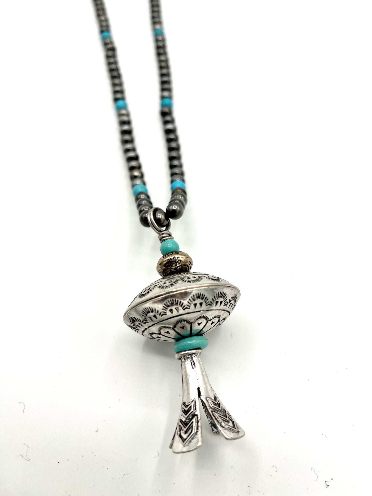 Faux Silver & Turquoise Squash Blossom Necklace and Earring Set