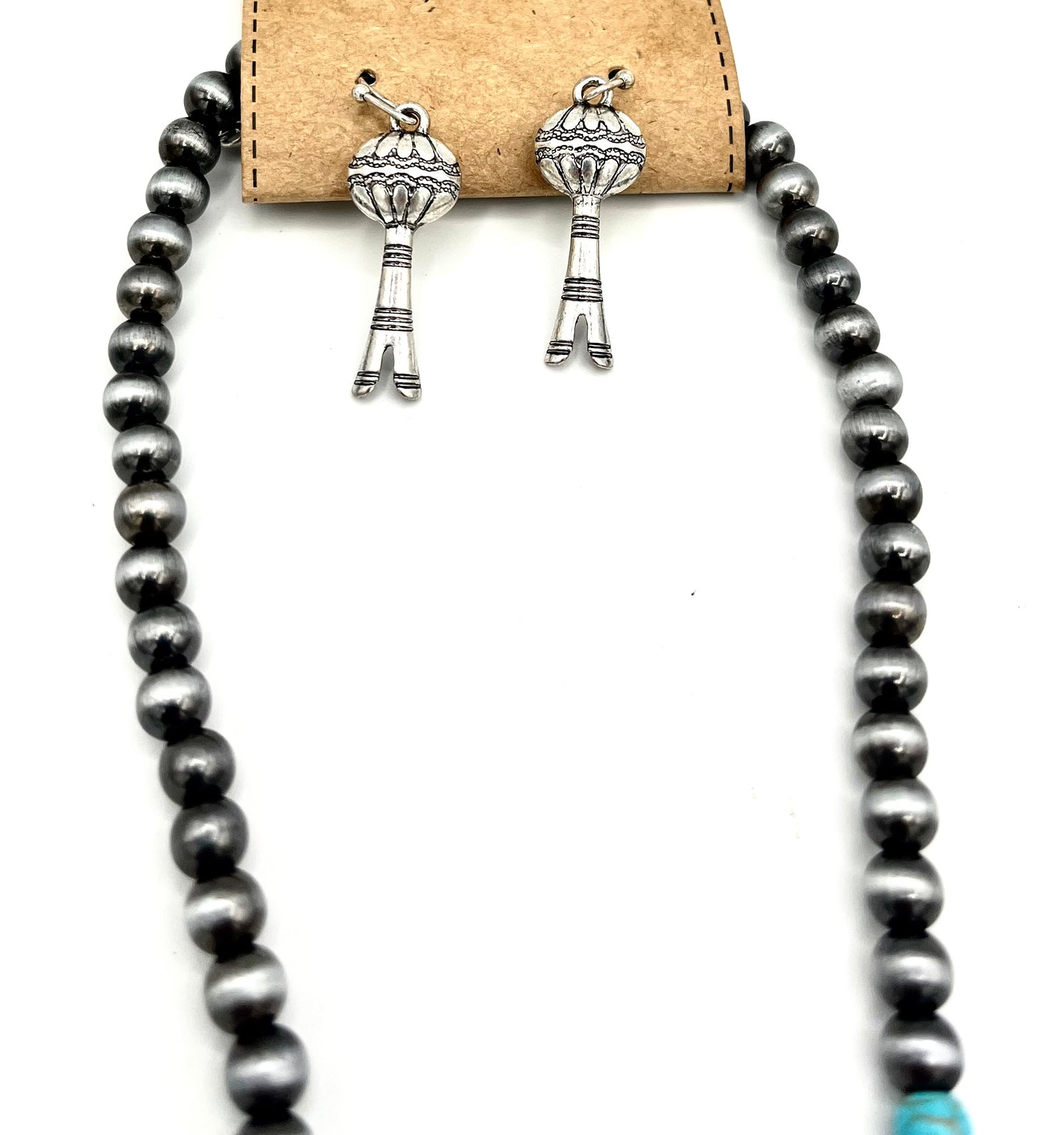Faux Silver & Turquoise Squash Blossom Necklace and Earring Set