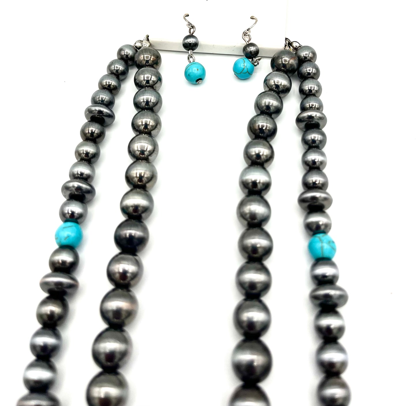 Faux Turquoise Pendant on 2 Strands, Necklace and Earring Set