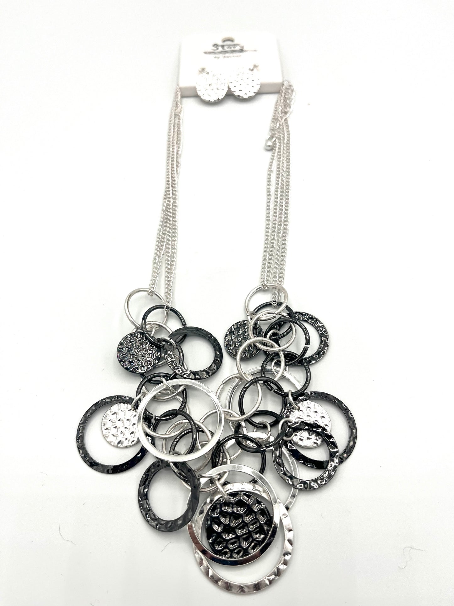 Black & Silver Round Circle Necklace with Earrings