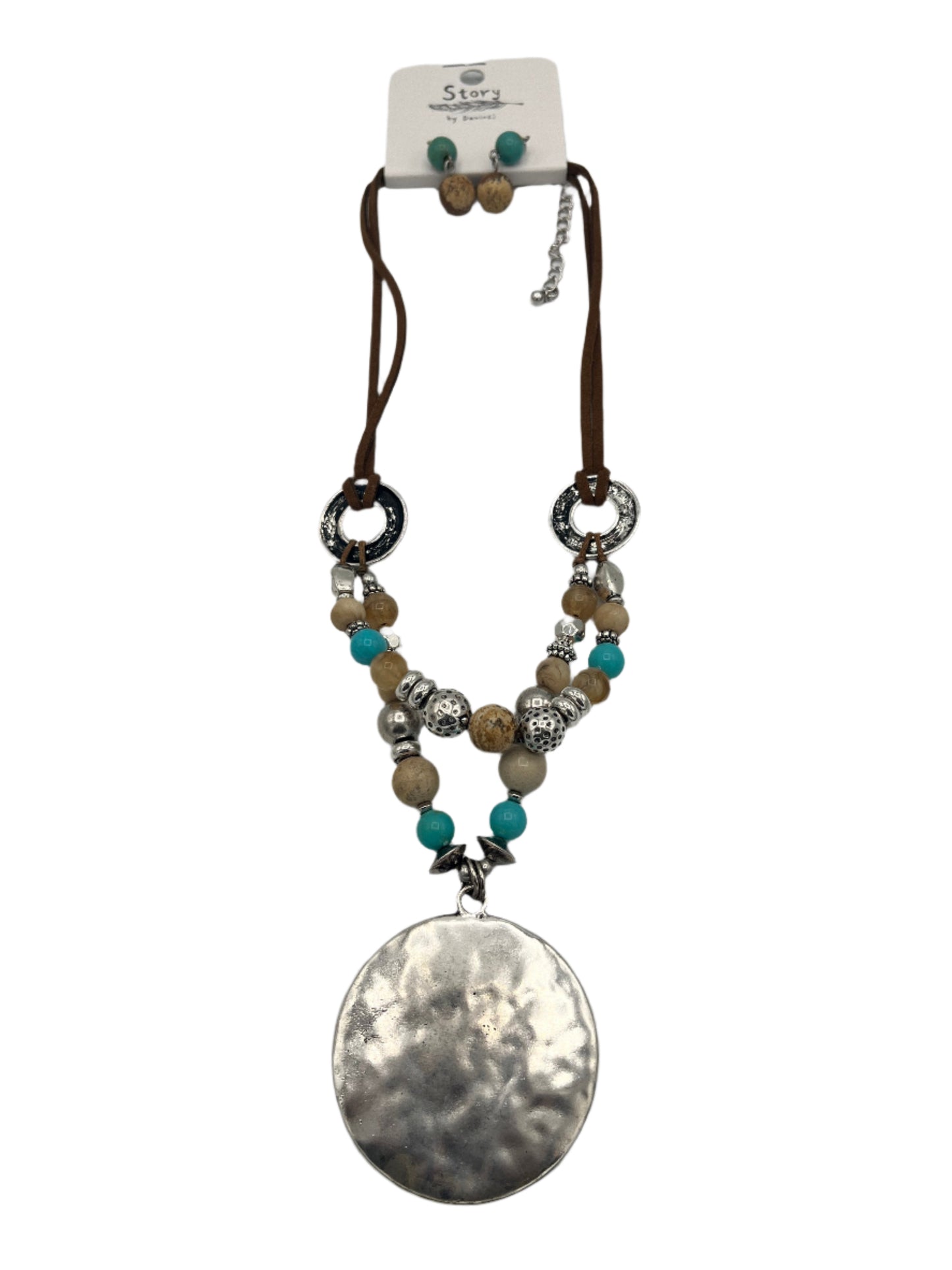 Round Disc Necklace with Leather & Beads