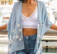 Embroidered Daisy Kimono-Chambray Color