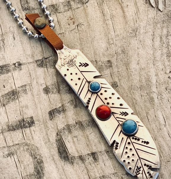 Silver Feather Pendant -Turquoise & Coral Embellishment