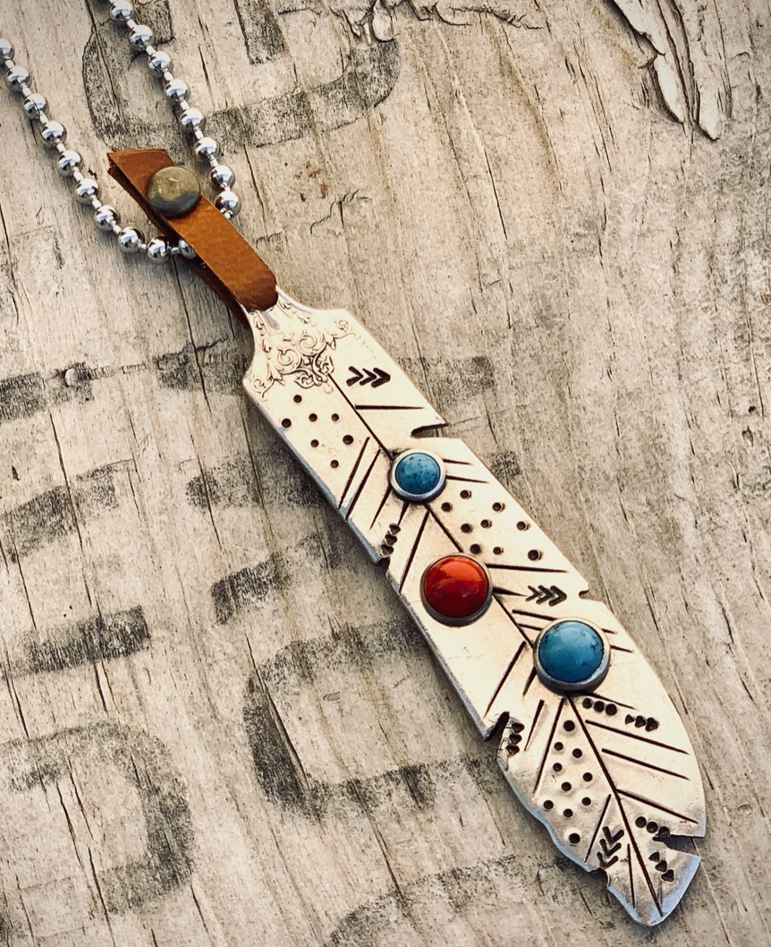 Silver Feather Pendant -Turquoise & Coral Embellishment