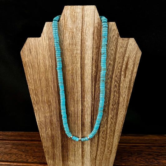 21-inch Turquoise Heshi Necklace with 3 Silver Beads.