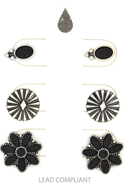 3 Pair Black and Silver Colored Earrings-Post