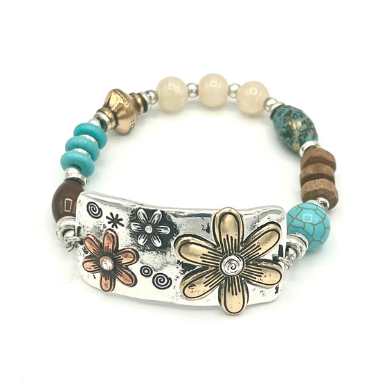 Silver Bar Daisy with Turquoise Beads  Stretch Bracelet