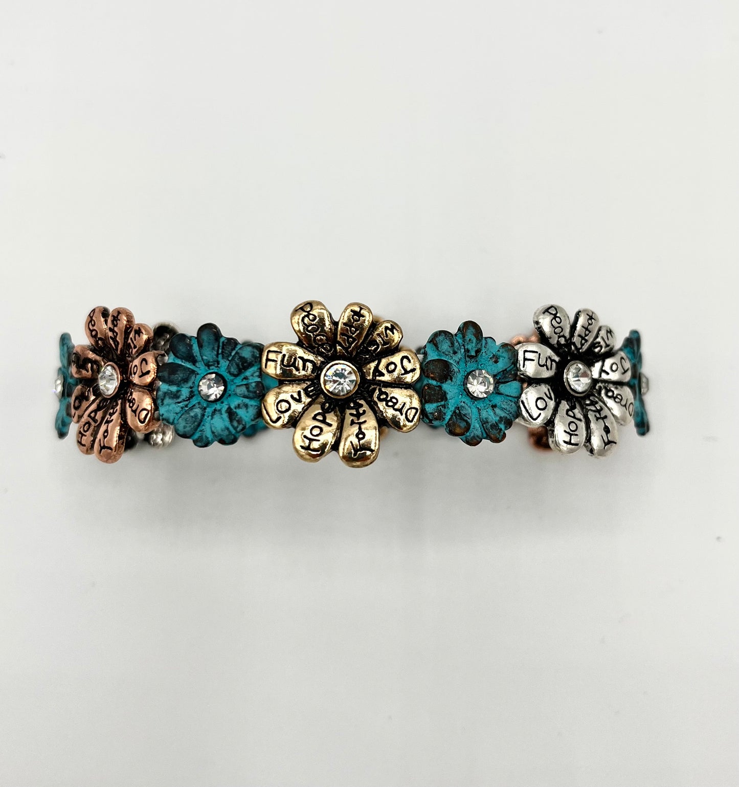 Copper, Gold, Silver & Turquoise Stretch Daisy Bracelet