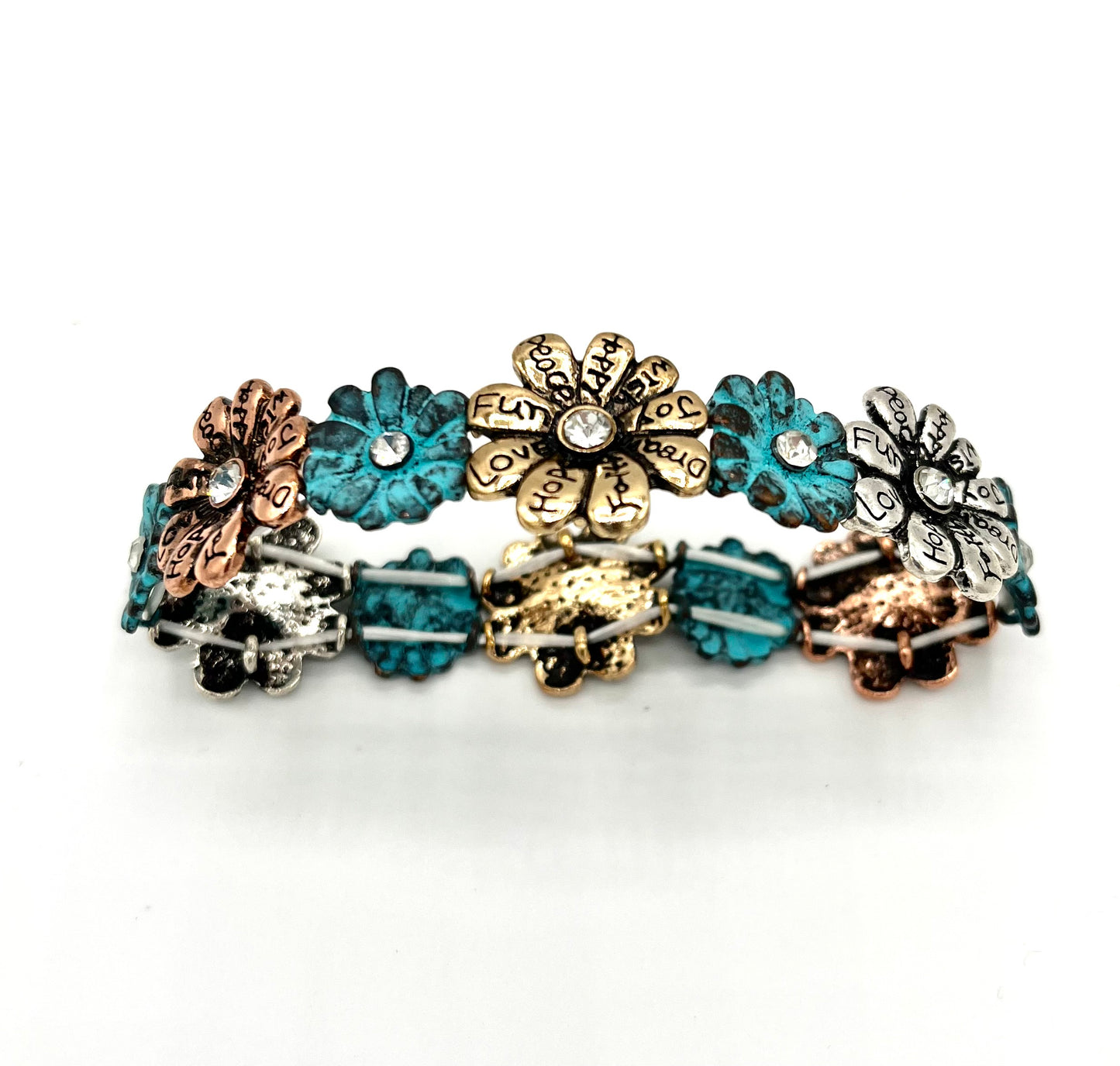 Copper, Gold, Silver & Turquoise Stretch Daisy Bracelet