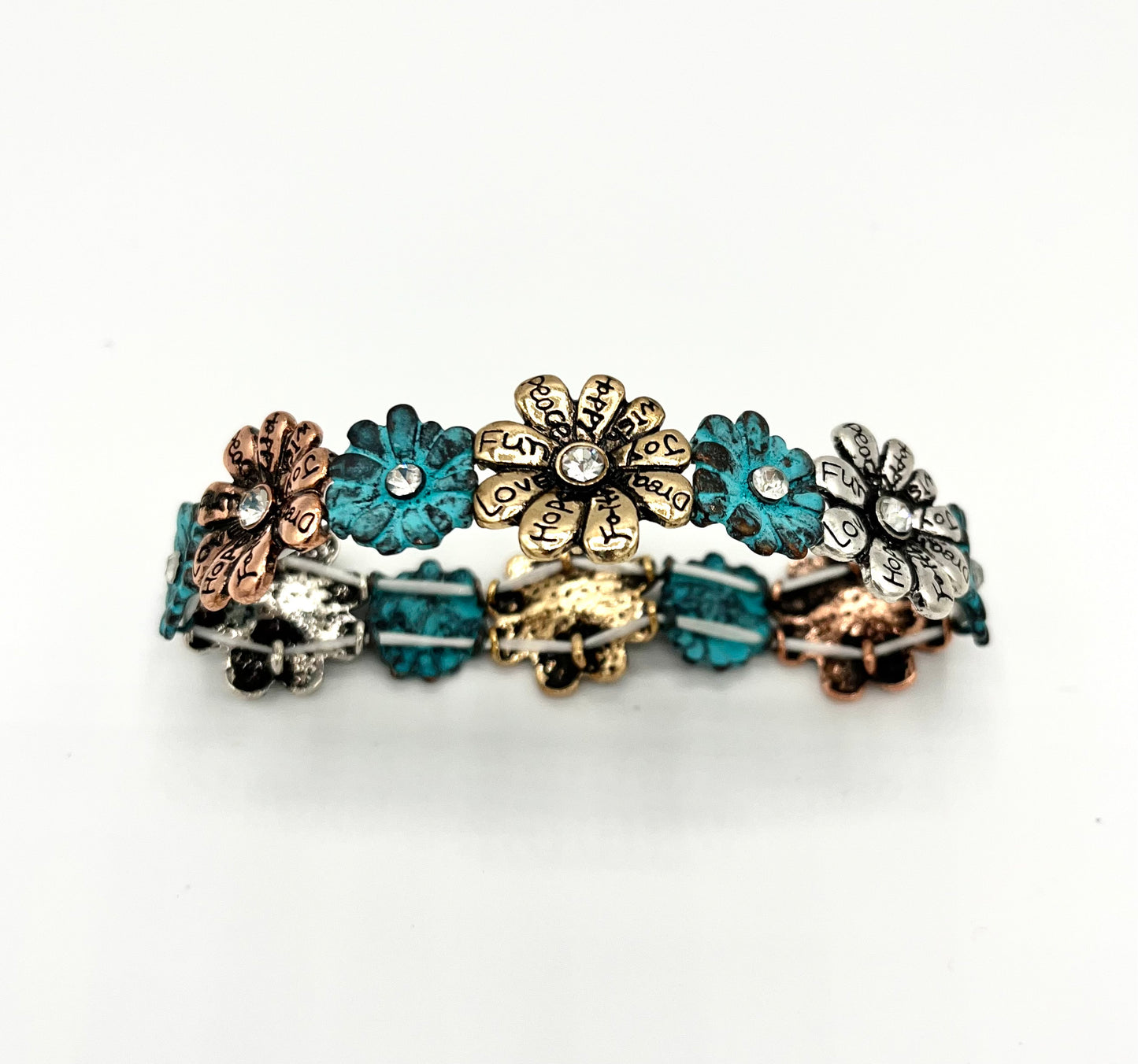 Copper, Gold, Silver & Turquoise Stretch Daisy Bracelet