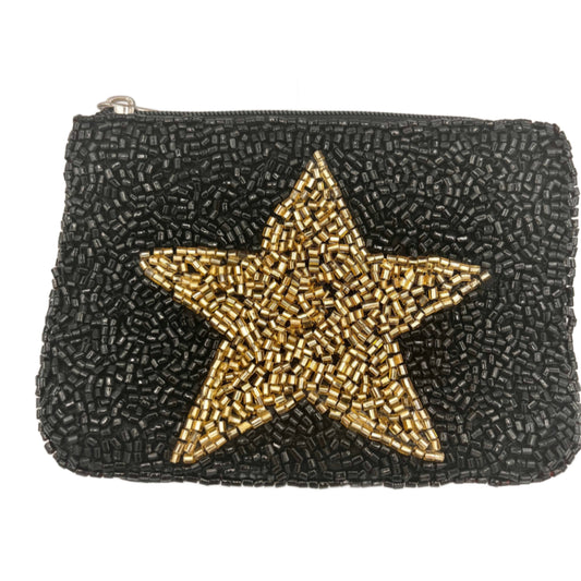 Gold Star with Black Background Beaded Coin Purse.