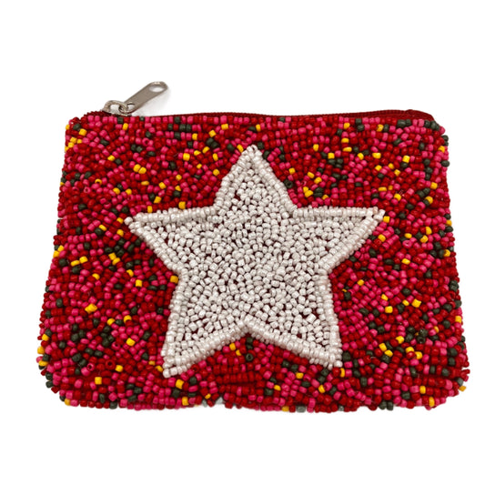 White Star with Pink/Red  Background Beaded Coin Purse