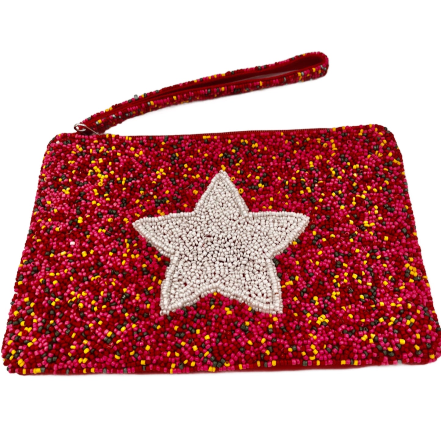 White Star with Pink/Red Background Beaded Wristlet Purse