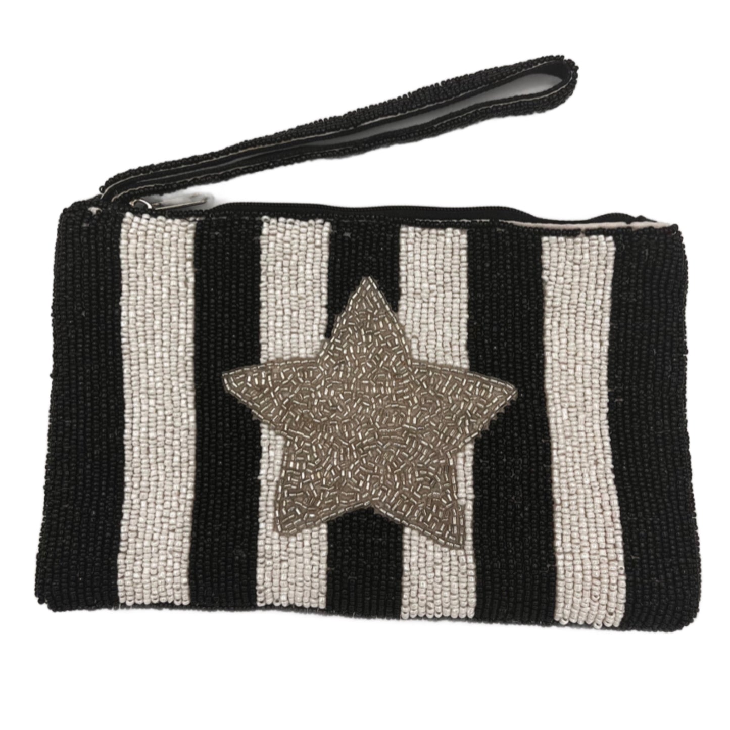 Silver Star with Black and White Strip Beaded Wristlet Purse