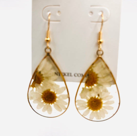 Oval Pressed Daisy Flower Earrings