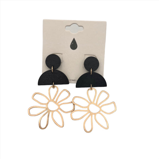 Gold Dangle Daisy Earrings, ½ Circle Black Colored Light Wood