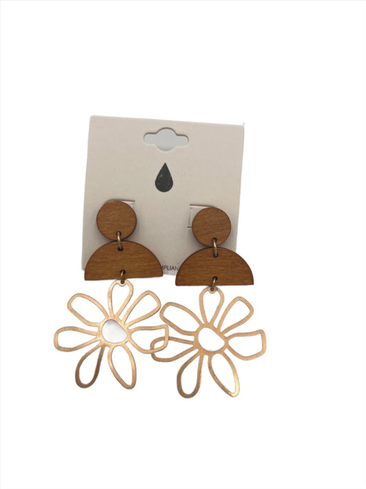 Gold Dangle Daisy Earrings,  ½ Circle Light Wood