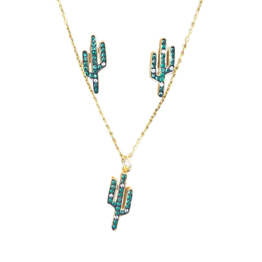 Gold Plated CZ Saguaro Necklace and Earring Set