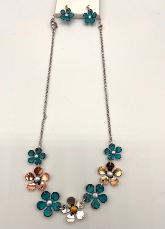 Patina, Gold, Silver, Copper Daisy Petal Necklace and Earrings Set