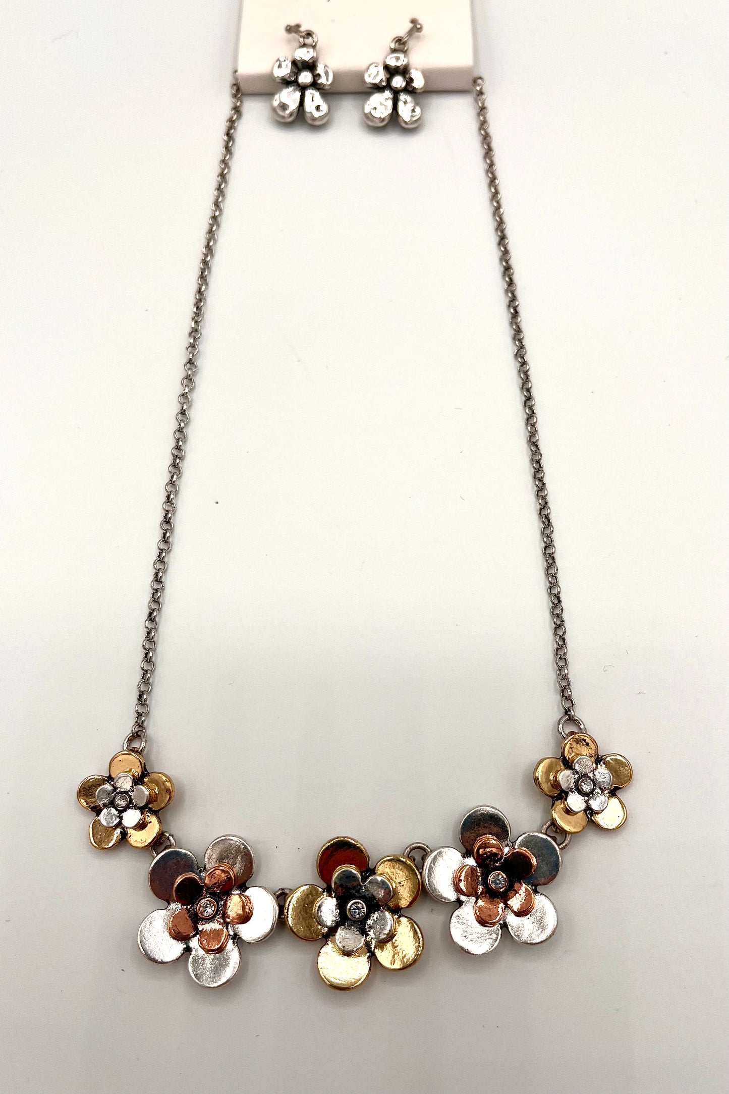 Gold, Silver, Copper Daisy Petal and Necklace Earrings Set