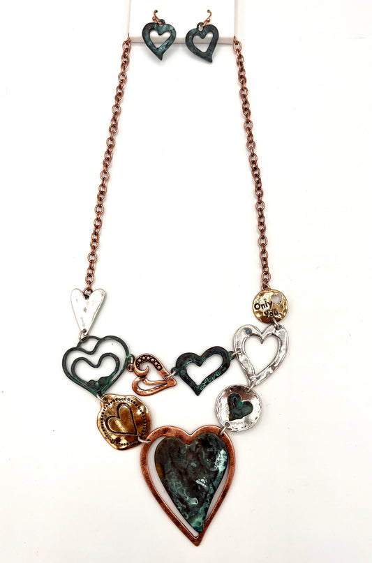 Patina, Gold, Silver and Copper Heart Necklace and Earrings Set