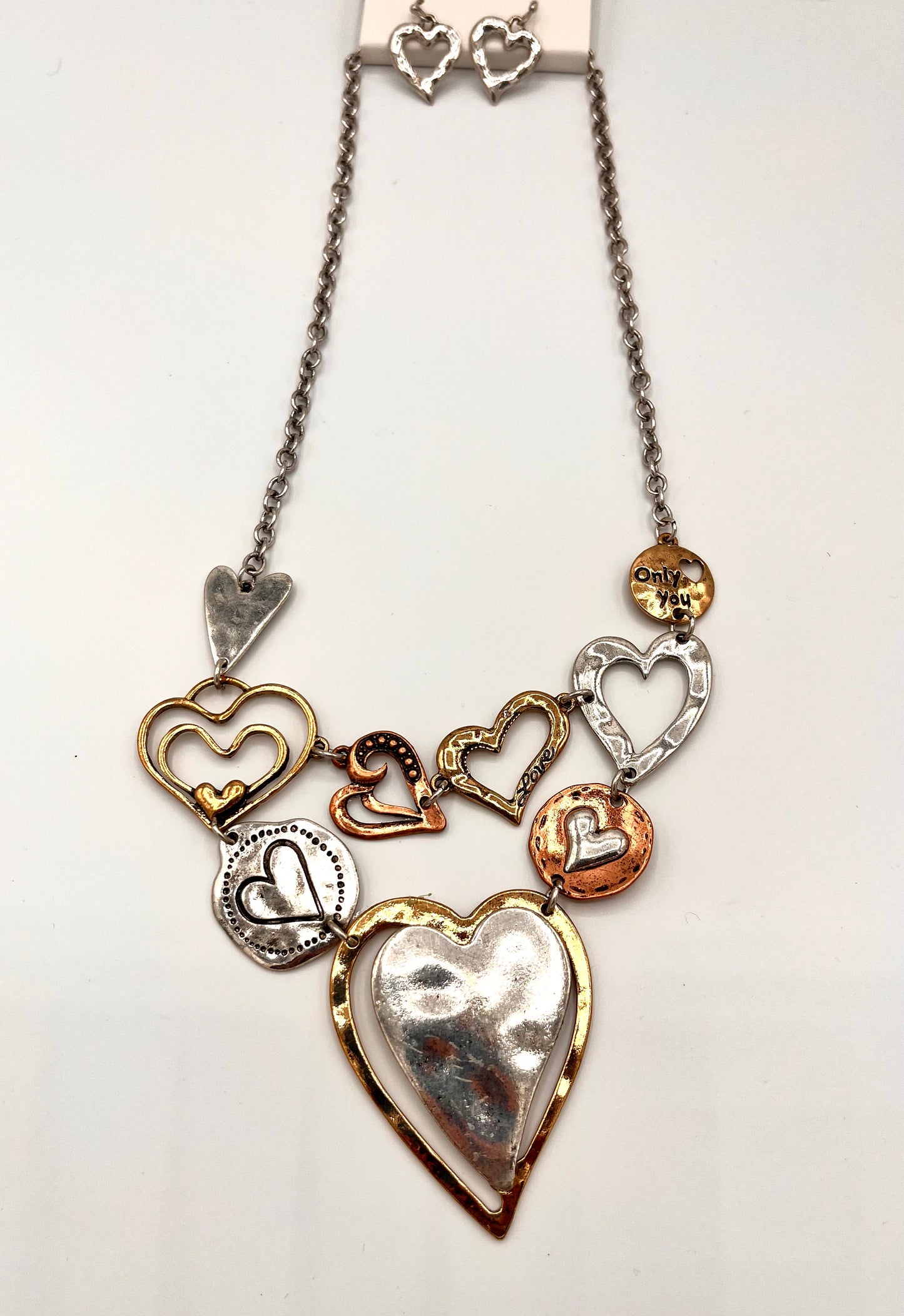 Multi Metal Heart Necklace and Earrings Set