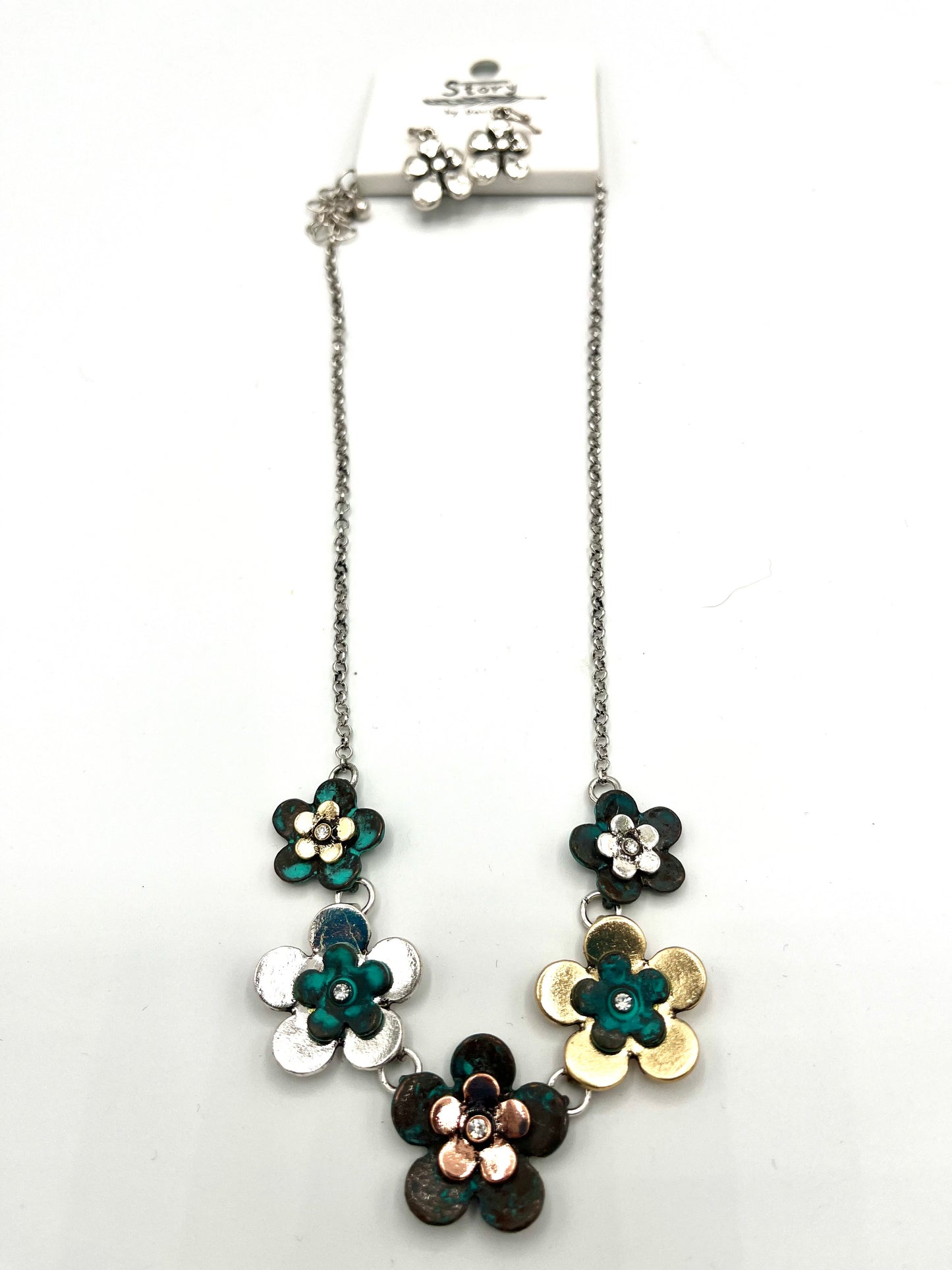 Patina, Silver, Copper and Gold Daisy Petal and Necklace Earrings (Silver) Set