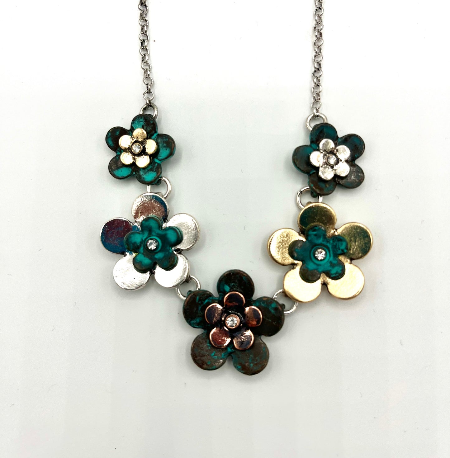 Patina, Silver, Copper and Gold Daisy Petal and Necklace Earrings (Silver) Set