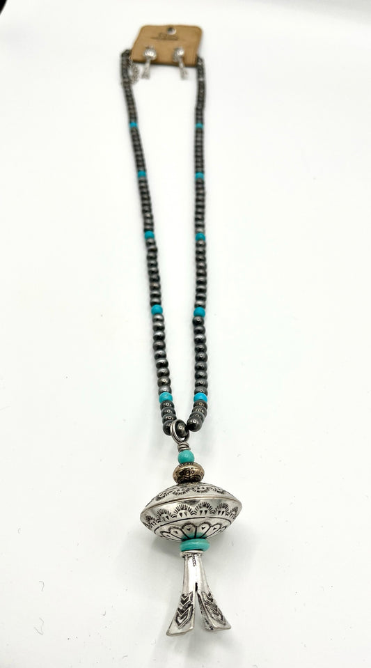 Faux Silver & Turquoise Squash Blossom Necklace and Earring Set