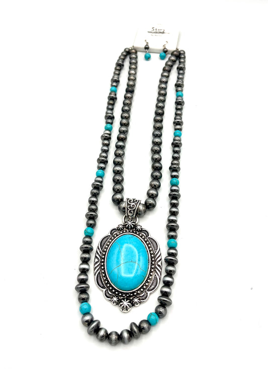Faux Turquoise Pendant on 2 Strands, Necklace and Earring Set