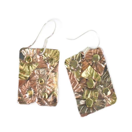 Handmade Beautiful Copper, Silver and Brass Earrings Multiple Daisies