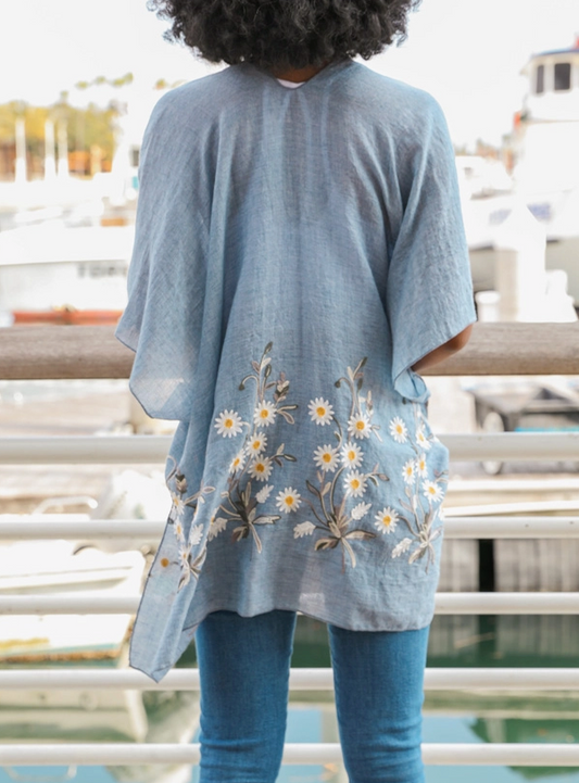 Embroidered Daisy Kimono-Chambray Color