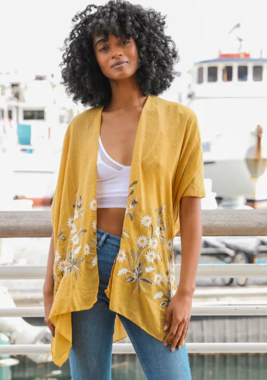 Embroidered Daisy Kimono-Gold Color.