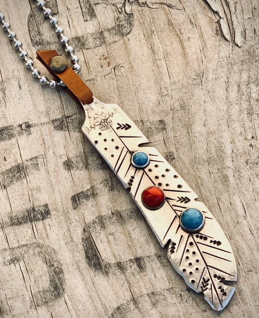 Silver Feather Pendant -Turquoise & Coral Embellishment