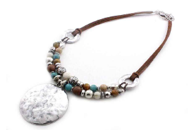 Round Disc Necklace with Leather & Beads