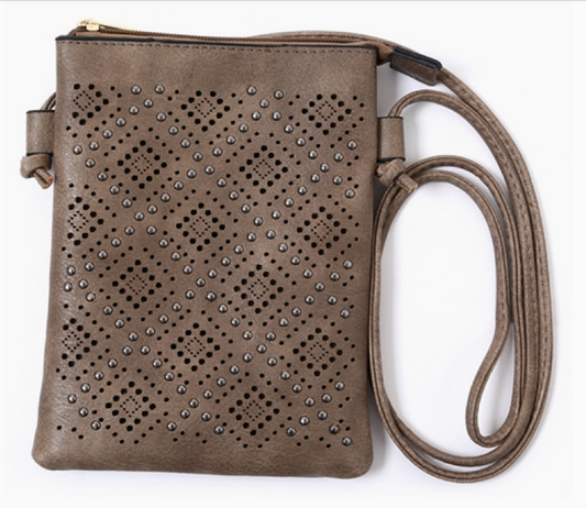 Taupe Diamond & Silver Stud Crossbody Bag